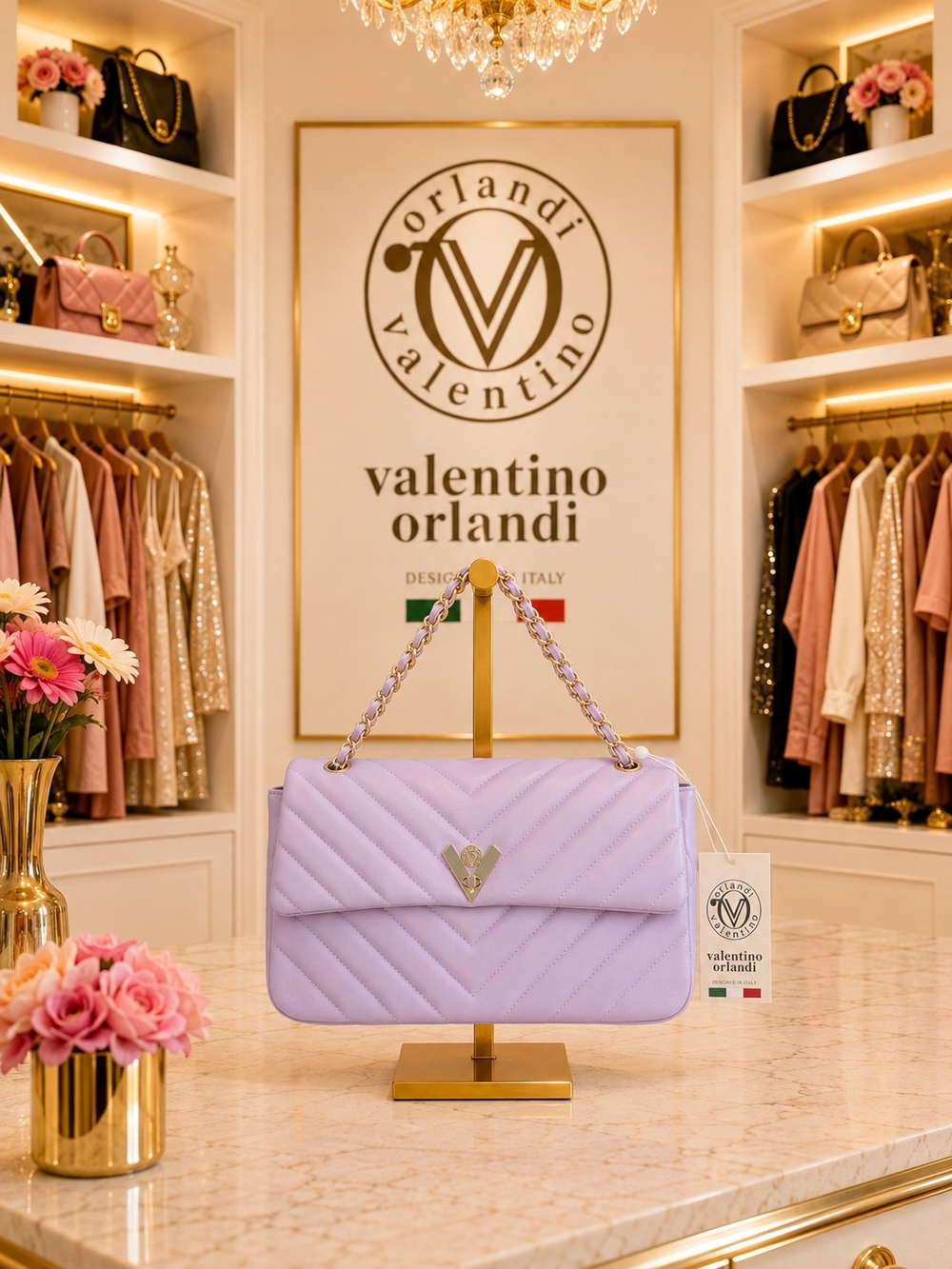 Brand New - Valentino Orlandi Lavender Quilted Shoulder Bag w Gold Chain-Strap